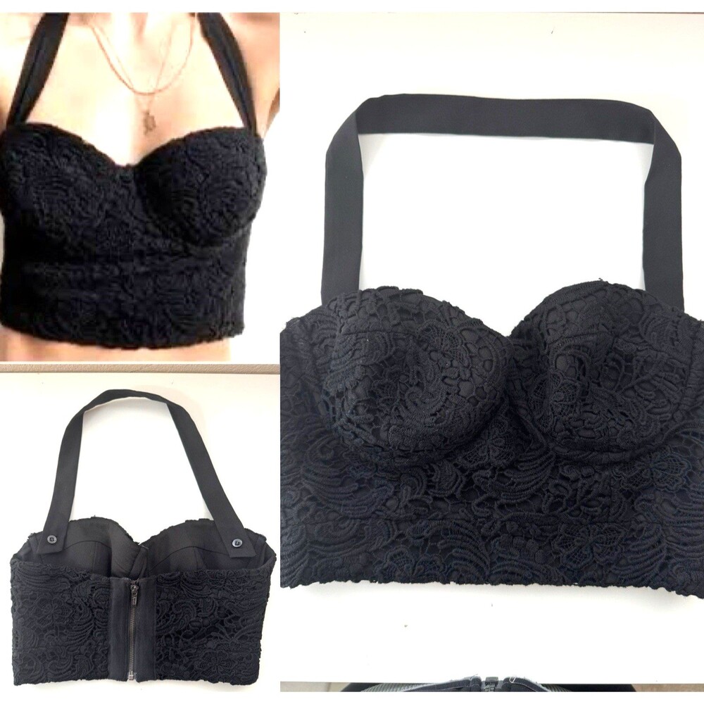Guess By Marciano Halter Pushup Bustier Size 0 Black Lace Zip Back Pinup Corset